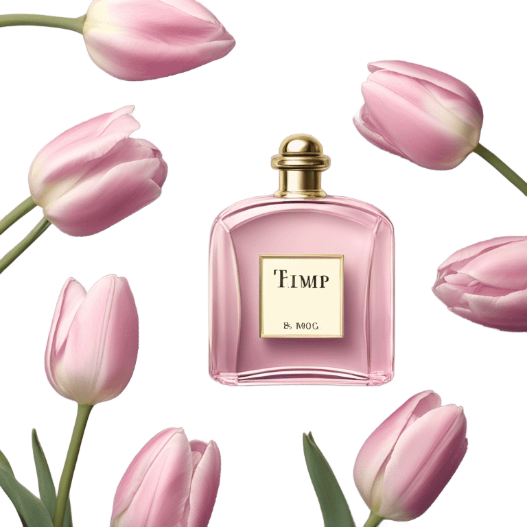 Aesthetic arrangement of pastel pink tulips and a retro violet perfume bottle.
 emoji