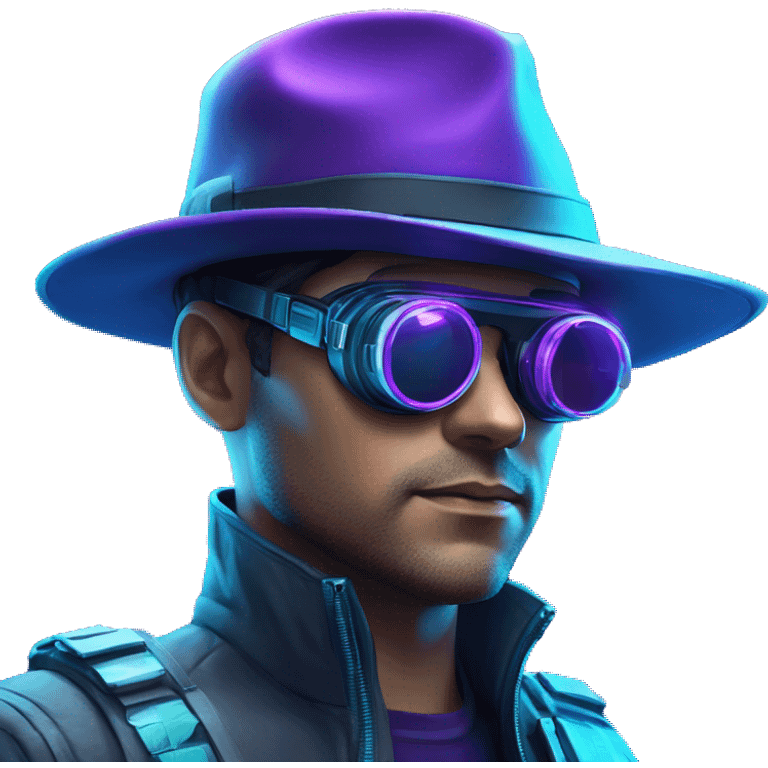 Secret human agent in a hat with  cyberpunk elements in VR googles scanning looking reviewing multicolor lines of code, cyan and purple colors, only upper body portrait emoji