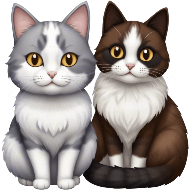 Grey and white cat next to a brown, black, and white fluffy cat  emoji