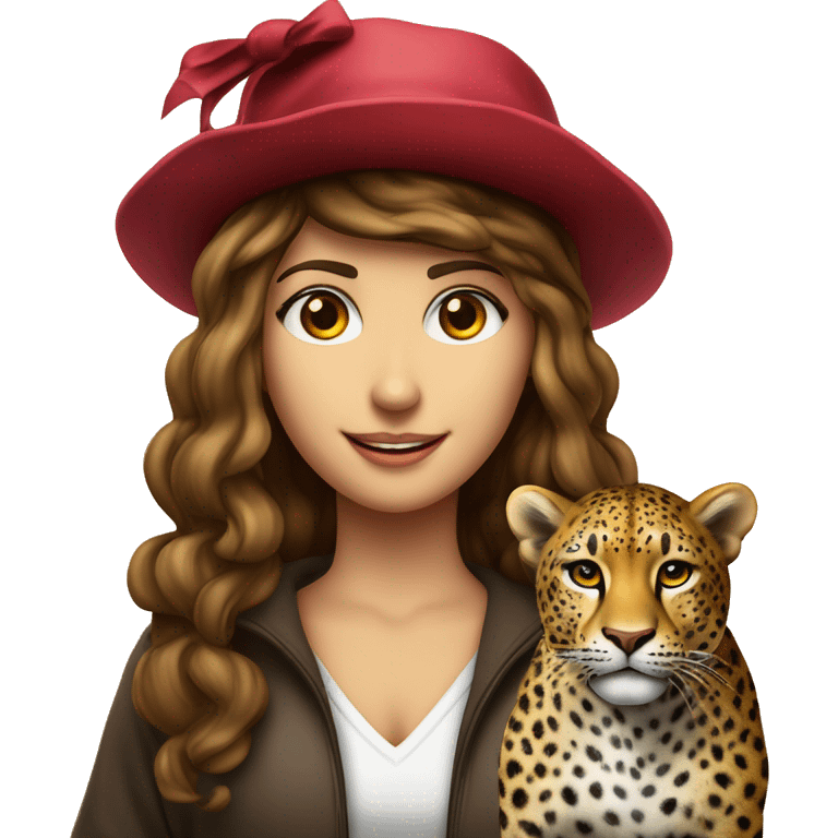 Ragazza riccia castano chiaro e occhi castani con leopardo e cappello diploma emoji