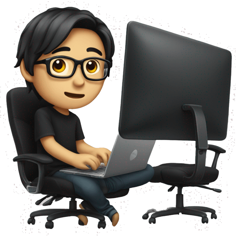 asian boy with glasses, long straight hair working, wearing black clothes , on his laptop seating on a gaming chair emoji