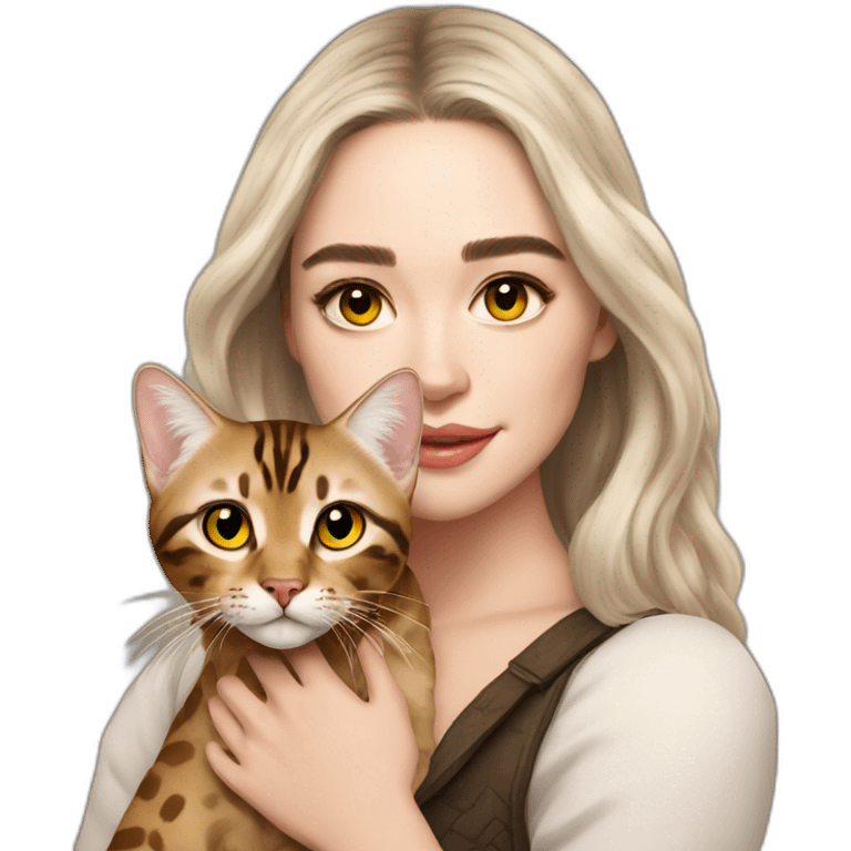 Emilia Clarke holds a Bengal cat with yellow eyes emoji