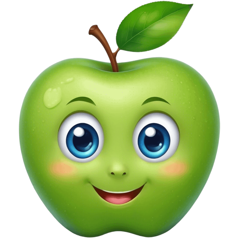 A cute green apple with a big smile and blue expressive big eyes emoji