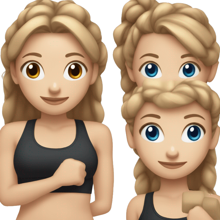 Gym girl lifting weights,light brown hair in a bun blue eyes, smiling wearing black gym leggings emoji