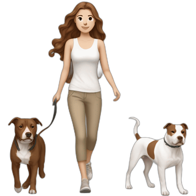 White woman with long wavy brown hair walking tan and white pitbull emoji