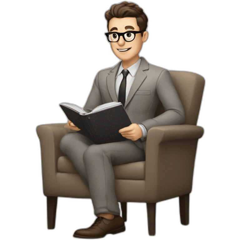 Pale skinned Fit Man With dark brown hair in gray jacket, beige office shirt, Brown pants and vintage glasses sitting In a soft chair with a notebook with emblem Ψ and a pen in his hands emoji