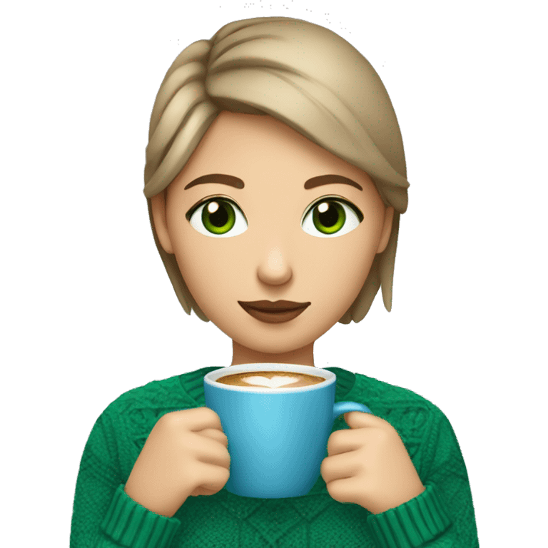 Light brown short haired girl with green eyes drinking coffee wearing blue Christmas sweater emoji