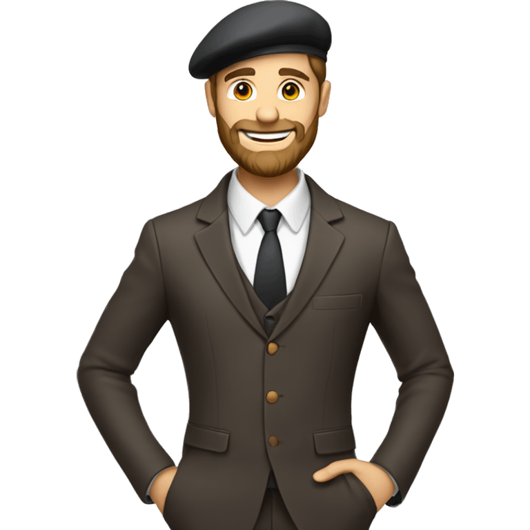 beautiful man, suit, brown beard, white skin, smile, beret hat, full-body (slim) emoji