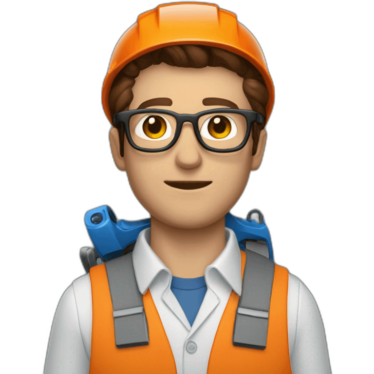 a guy with brown hair, square glasses, an orange repairman's suit, blue eyes, with a chainsaw emoji