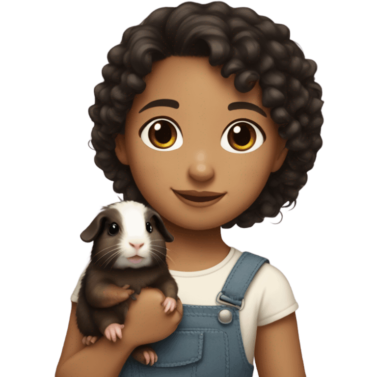 Little light skin girl with black curly hair holding a brown Guinea pig emoji