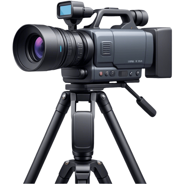 Create an emoji for video recording. Show a  single lens professional video camera with screen and image on it, on heavy tripod. Use modern, professional colors. Do not include any emojis or smiley faces. Make the background transparent. emoji