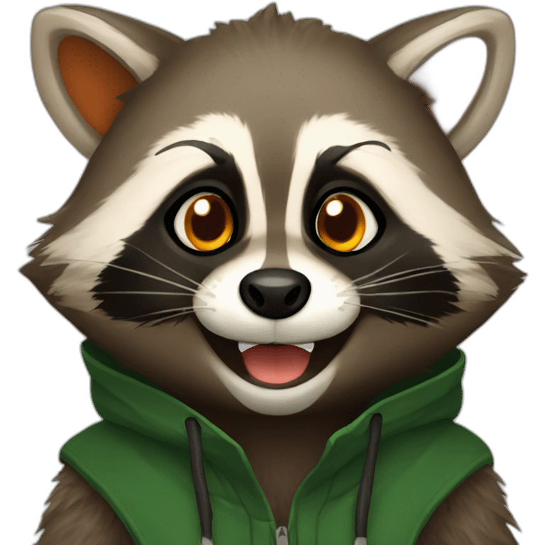 brown raccoon with orange eyes and a dark green hood that is laughing emoji