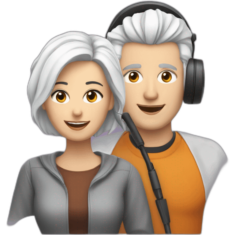 White man with dark hair and woman with short white hair, podcasting with mics and a MacBook emoji