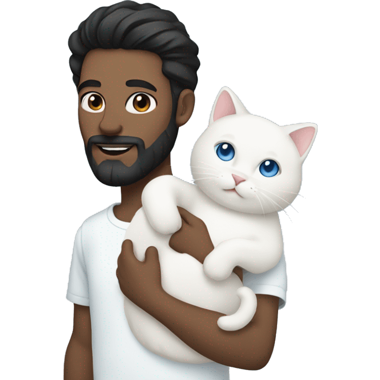 Man with black hair and beard and holding a all white cat with blue eyes emoji