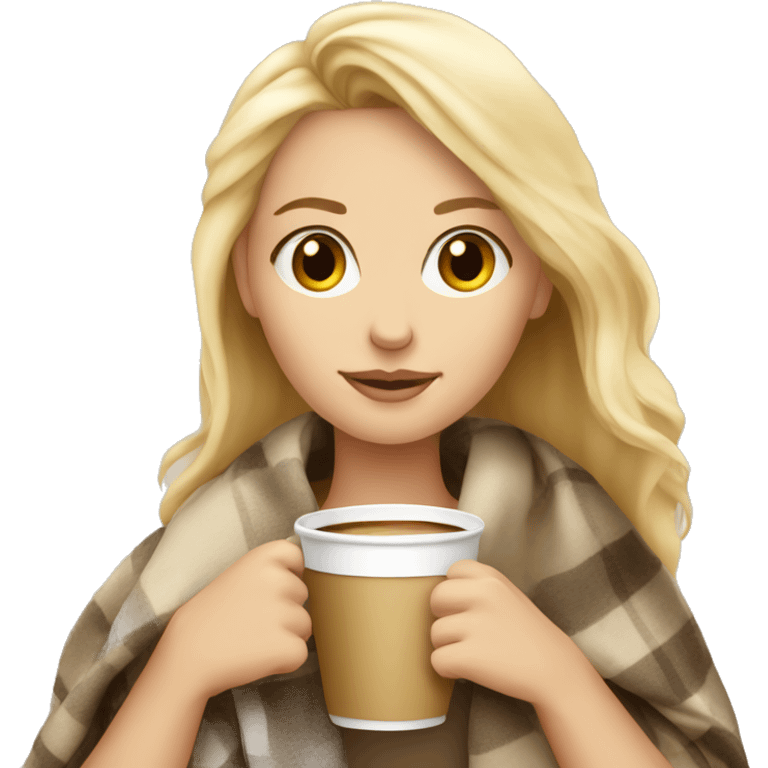 blonde girl in with a blanket and a latté coffe emoji