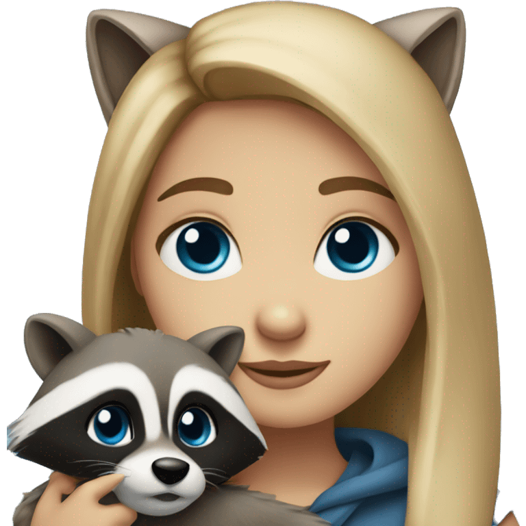 Dark blonde girl with blue eyes hugs a racoon emoji