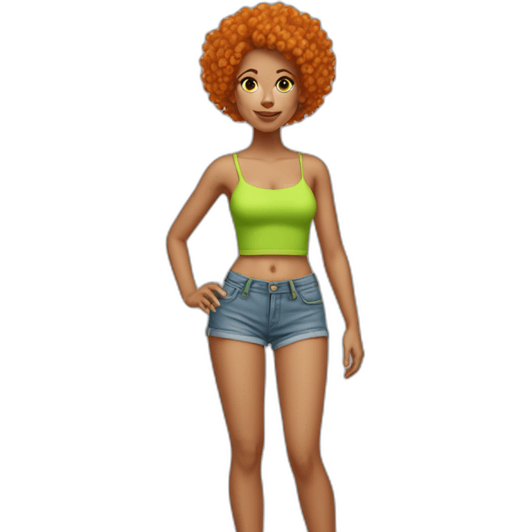 Woman with very short orange curly hair wearing a lime green tube top and very short jean shorts emoji