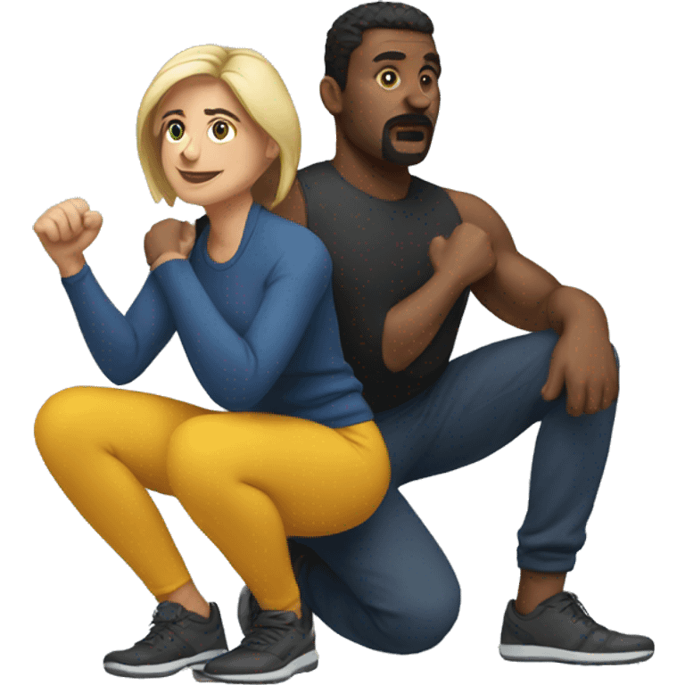 man and woman making squat emoji