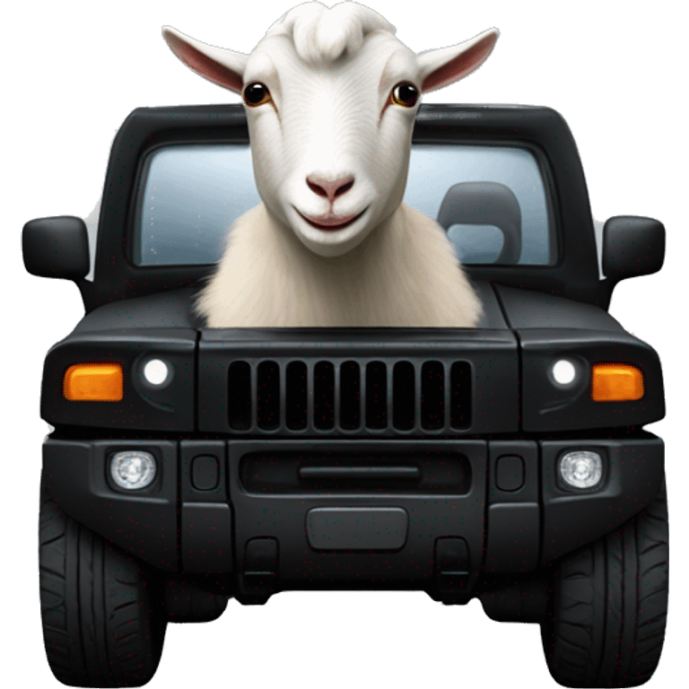 Goat in black puffy coat driving a black Hummer emoji