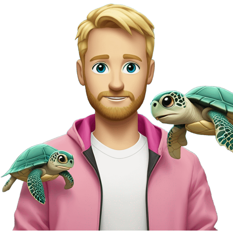 Blond man with beard and short spiked hair, blue eyes, wearing a white shirt and pink zip up wind breaker, white watch, holding a sea turtle with big eyes to the side  emoji