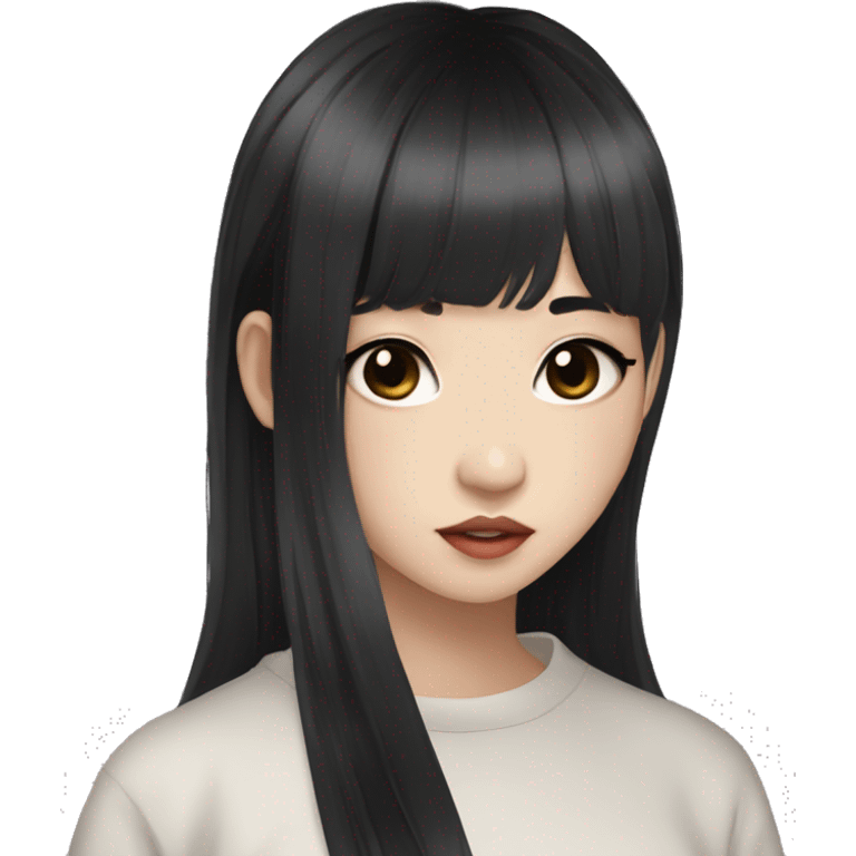 Korean girl, black hair, black eyes, layered hair, cool girl, aesthetic, long hair, hime cut, blunt bangs, small silver hoop earrings emoji