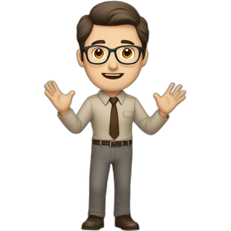 To belt Actively gesturing with hands Pale skinned fit man teacher with dark brown hair in gray jacket, beige office shirt, brown tie, brown pants and vintage glasses. emoji