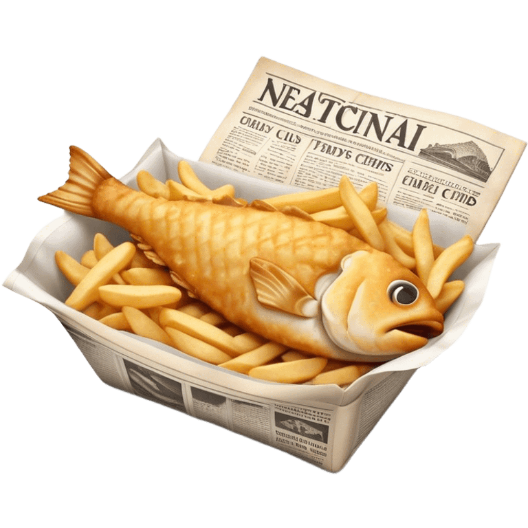 Cinematic Realistic Fish and Chips Dish Emoji, depicted with crispy golden battered fish and chunky hand‚Äêcut chips served in traditional newspaper wrapping, rendered with mouth‚Äêwatering texture and warm natural lighting that captures its quintessential British charm. emoji