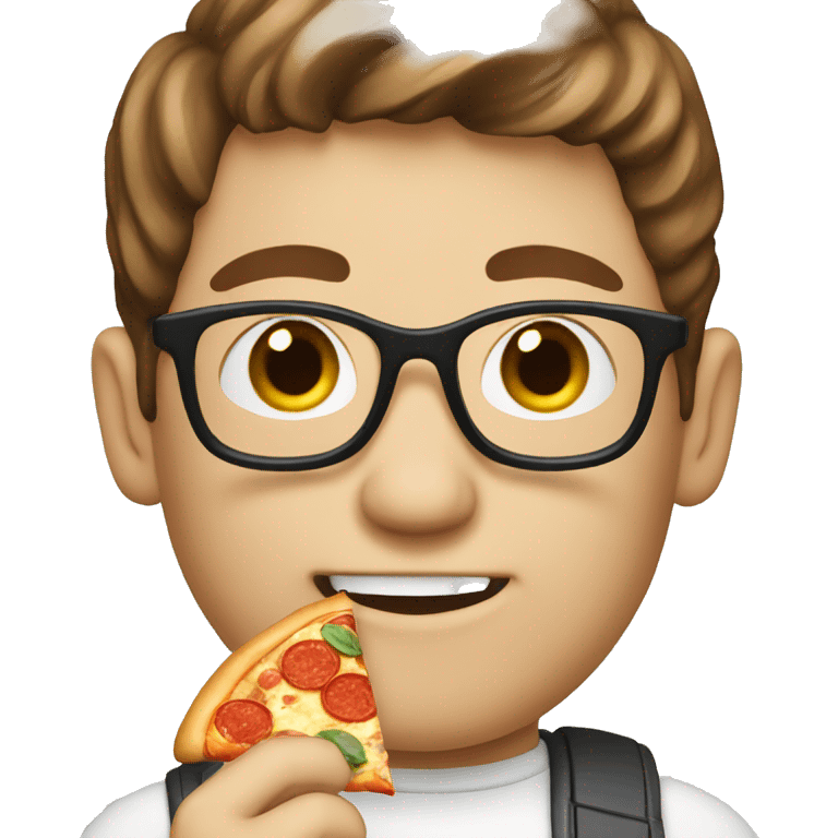 White nerd with brown hair eating pizza emoji