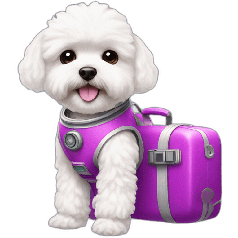 a white maltipoo as purple astronaut with a pink luggage emoji