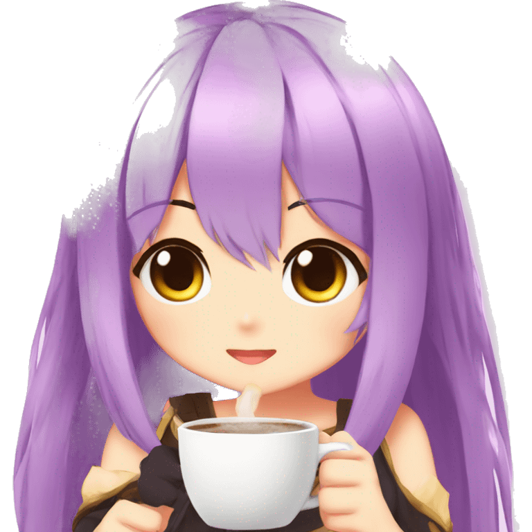 plutia from hyperdimension neptunia drinking a coffee, anime, chibi, colorful emoji