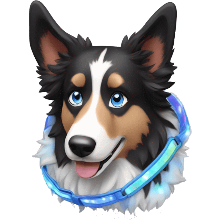  Black spotted brindle collie husky blue eyes fluffy ears and holographic harness running emoji