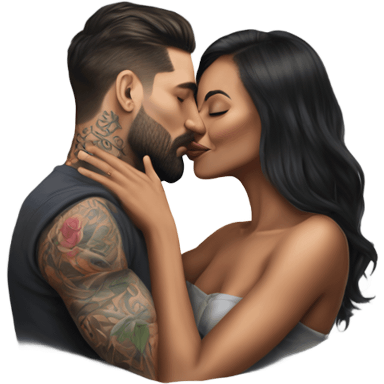 Hyper Realistic beautiful woman in the arms of a very handsome tattooed man kissing  emoji