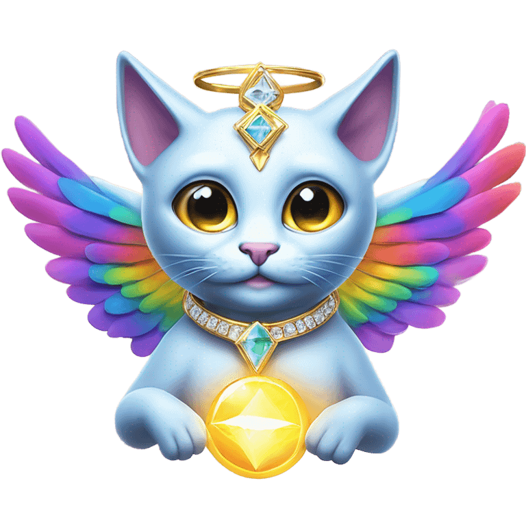 Transcendent Heavenly Rainbow 4d Diamond ultra mega surpream Omni-Cat God with wings and a ring around its body and another ring above it’s head  emoji