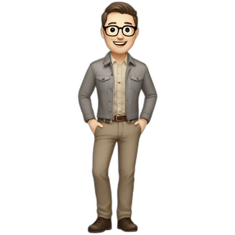 Joyful Full height Pale skinned Fit Man With dark brown hair in gray jacket, beige office shirt, Brown pants and vintage glasses. His thrumbs up emoji