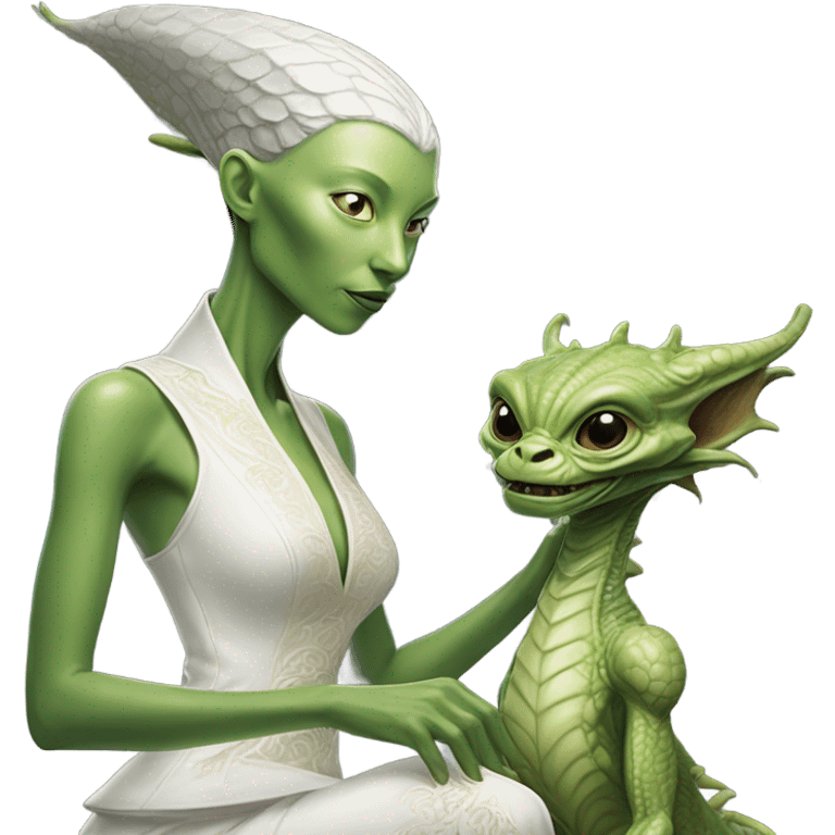 Photo realistic, alien female green,  on white china dragon infinite story emoji