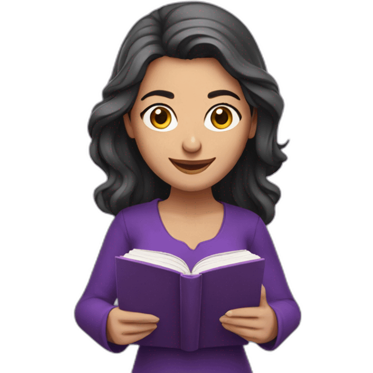 Armenian women with the purple clothes reading book and looking at camera and smiling  emoji