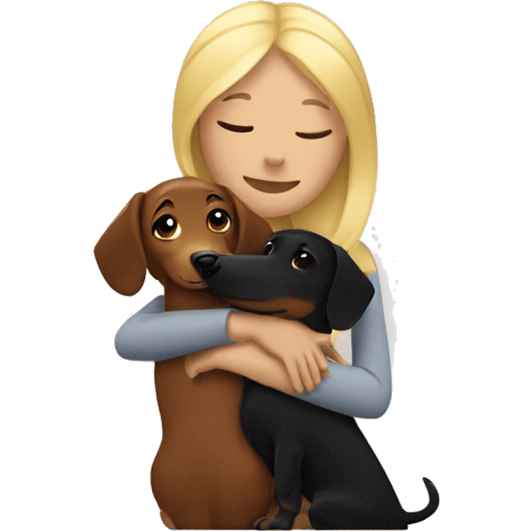 blonde woman hugging black and brown dachshund emoji