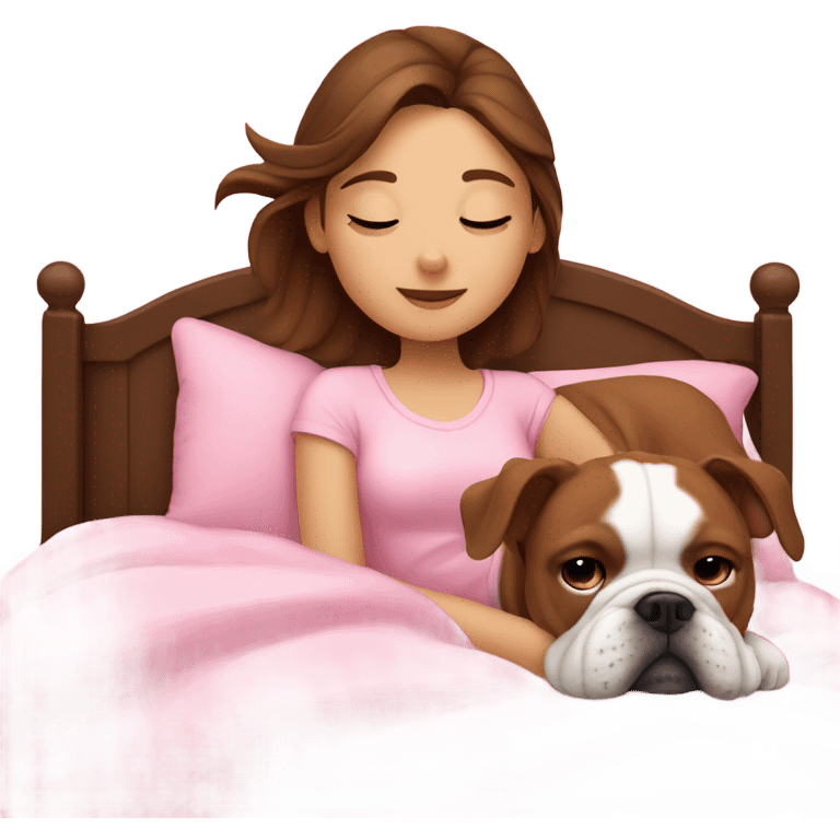  girl in pink bed with brown hair and sleeping bulldog emoji