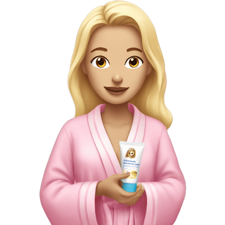 Blonde girl applying face cream and wearing a pink robe emoji