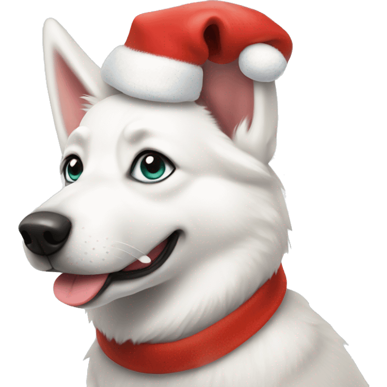 White Australian Husky wearing santa hat emoji