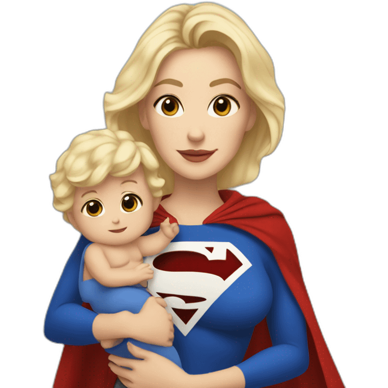 mother white skin with brown hair dressed as Superman with a cape holding a blondbaby emoji