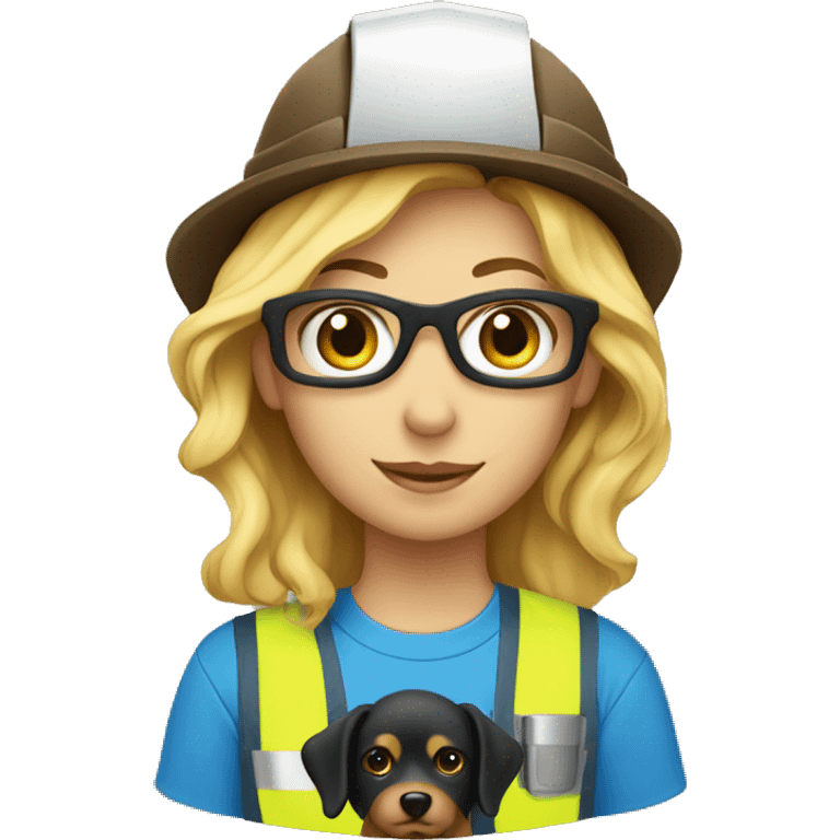 Blonde Construction worker wearing a hat and blue work wear with small black and brown curly dog  emoji