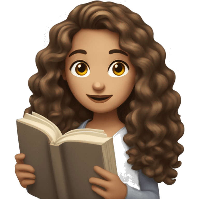 girl with long curly brown hair, she has light, white skin, two moles on her right cheek, brown eyes, looks at an open book in her hands emoji