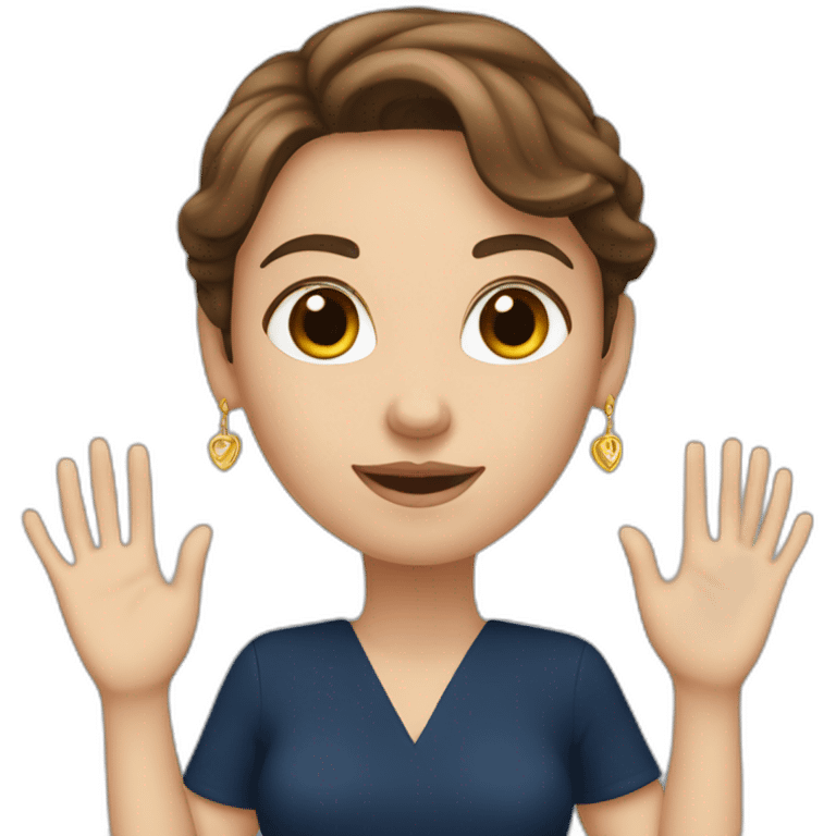 A white woman with brown hair, hands forming a heart shape, wearing a dark blue dress, and long earrings emoji