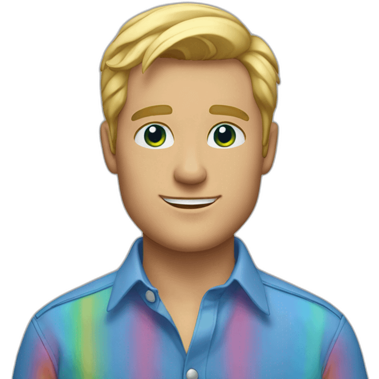 blonde blue eyes man in a blue button up shirt with a rainbow colors emoji