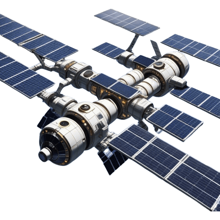  Cinematic Realistic Space Station – A highly detailed, sprawling orbital station with complex solar panels and intricate docking modules. The metallic structure glows faintly from reflected sunlight, with the curvature of Earth and the deep blackness of space in the background. emoji