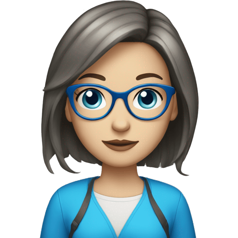 white brunette teen with blue glasses and blue eyes, bob-hair and macbook emoji