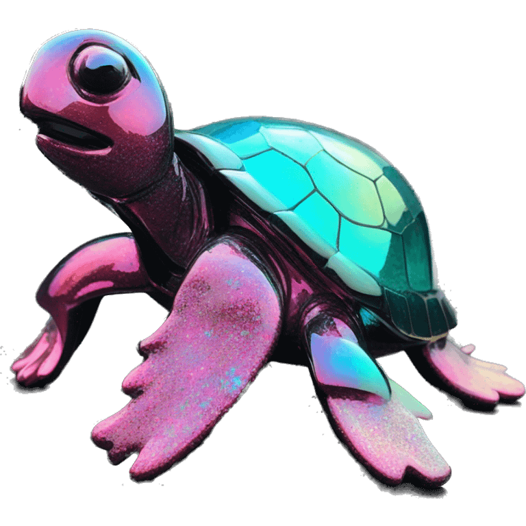 Sparkling cyan pink Turtle made from rainbow oilslick cyan glass, stained glass art emoji