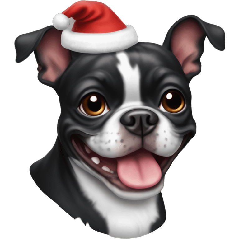 black and brindle boston terrier smiling wearing santa hat emoji