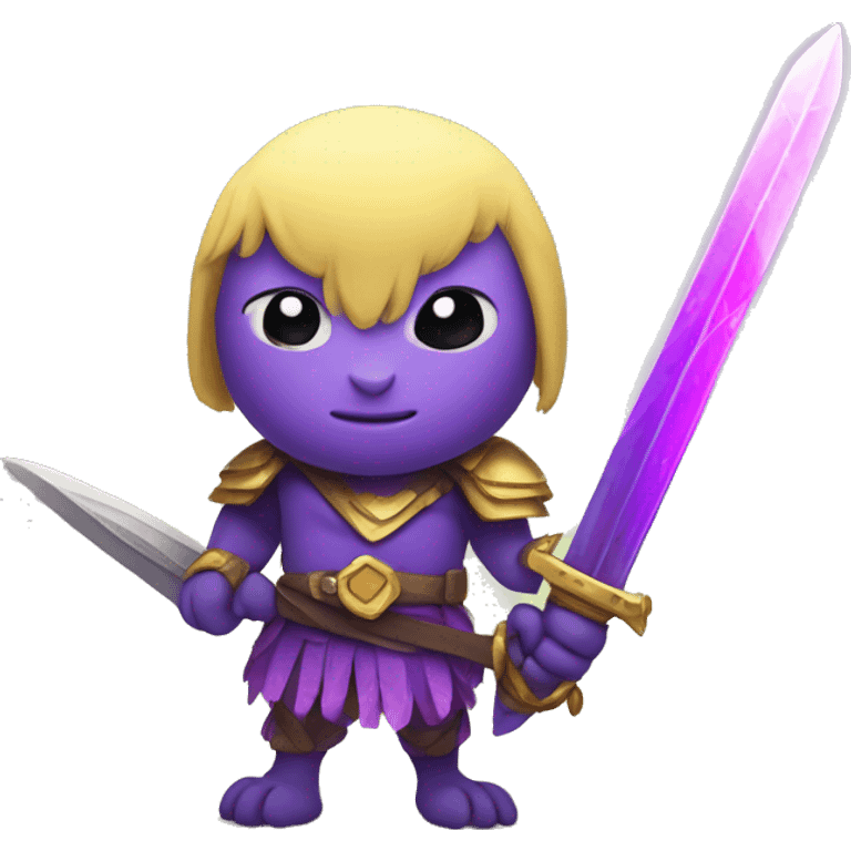 A purple parakeet warrior, wielding a glowing purple sword emoji